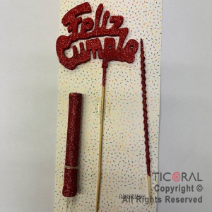 ADORNO DE TORTA SET FELIZ CUMPLE CON BENGALA Y VELA GIBRE ROJO x 1